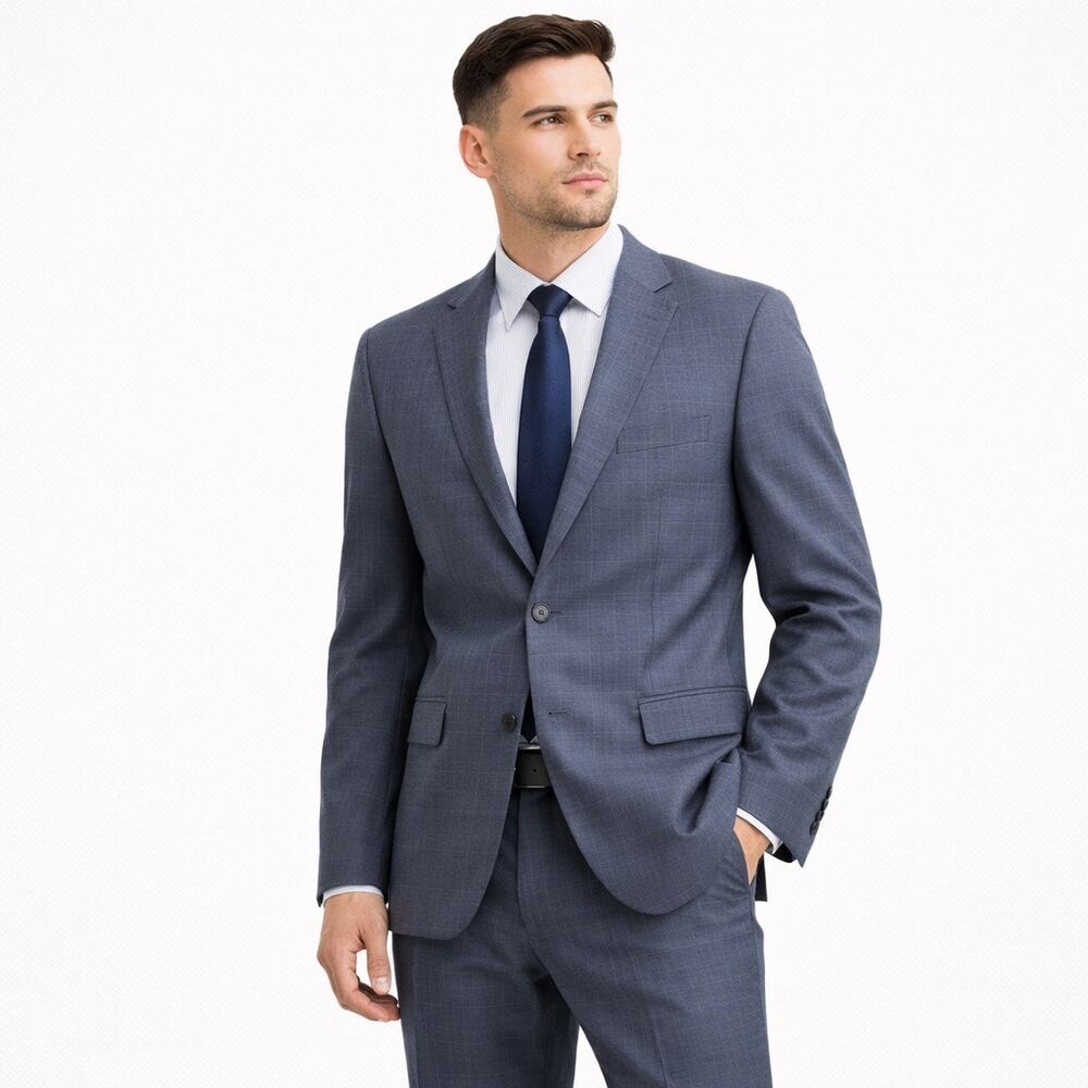 Jos A Bank 41R Blue Gray Plaid Wool Suit 2 Button Single Vent